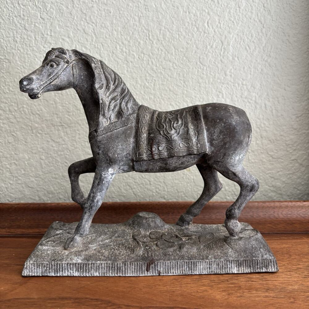 Antique Spelter Horse Statue Mantle Topper Decor